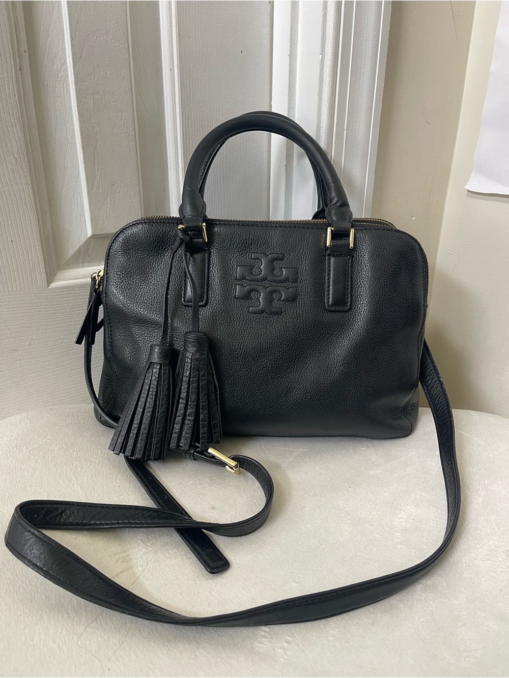 Tory Burch Black Pebbled Leather Crossbody Satchel with Tassels